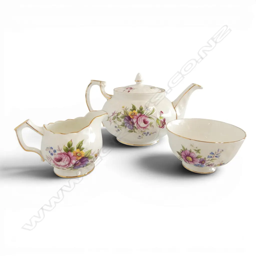 AYNSLEY FLORAL CHINA 3PC TEASET TEAPOT H120MM CREAM & SUGAR Image 1++