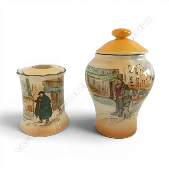 2 LIDDED ROYAL DOULTON DICKENS WARE JARS, H.90/130mm 