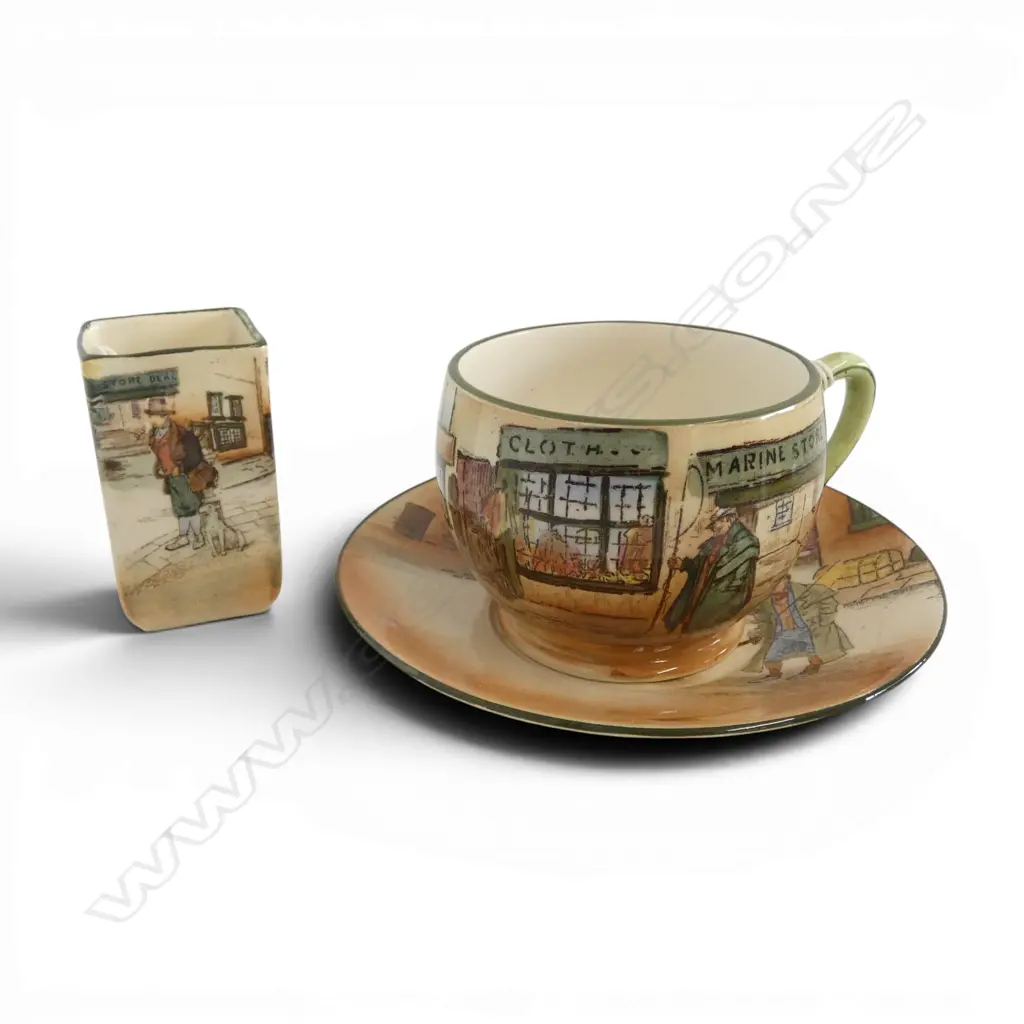ROYAL DOULTON DICKENS WARE CUP/SAUCER & SML VASE, H.70mm Image 1++