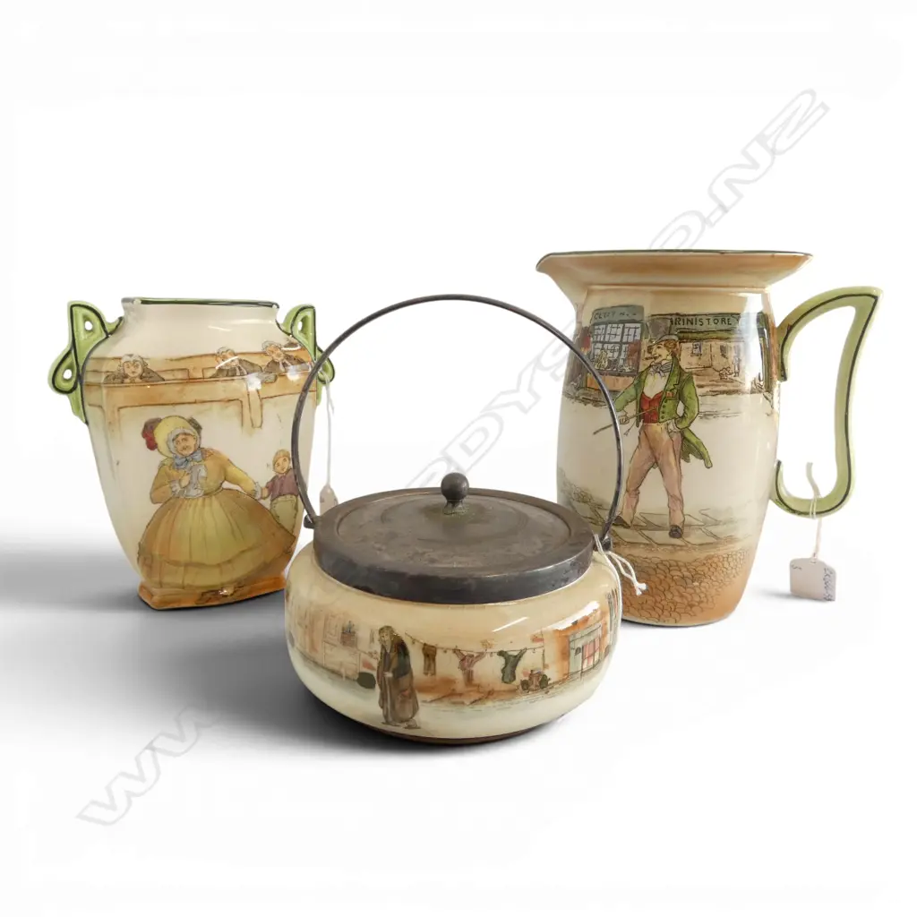 3 PCS ROYAL DOULTON DICKENS WARE; LOLLY JAR, VASE & JUG, H.190mm, sml glaze loss to rim of vase Image 1++