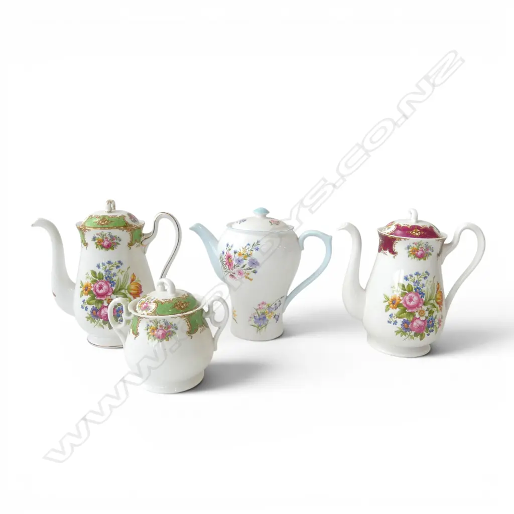 3 SHELLEY CHINA COFFEE POTS & ONE MATCHING LIDDED SUGAR BOWL Image 1++