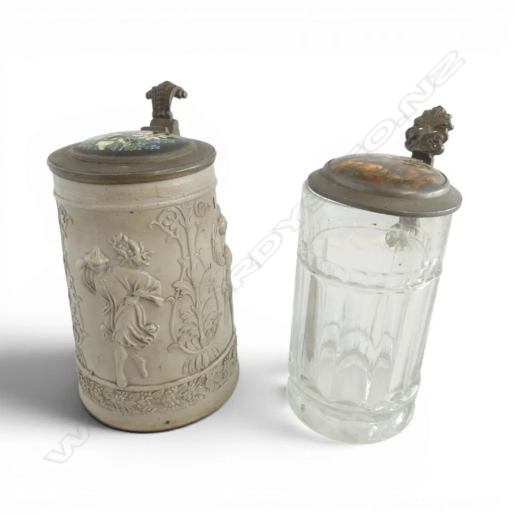 TWO OLD GERMAN BEER STEINS CLASSICAL STONEWARE & DEER LID, H.210MM Image 1++