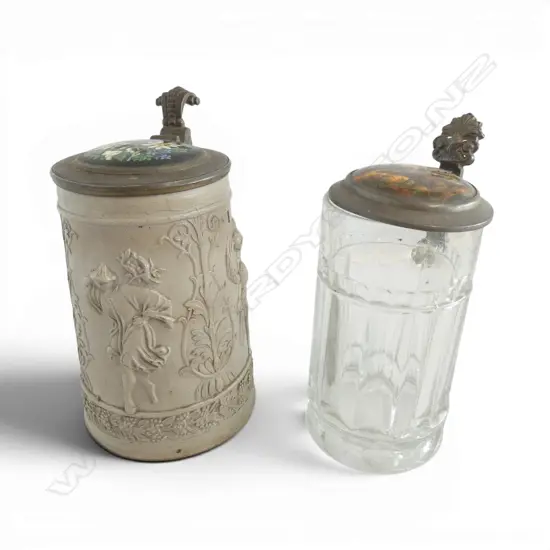 TWO OLD GERMAN BEER STEINS CLASSICAL STONEWARE & DEER LID, H.210MM