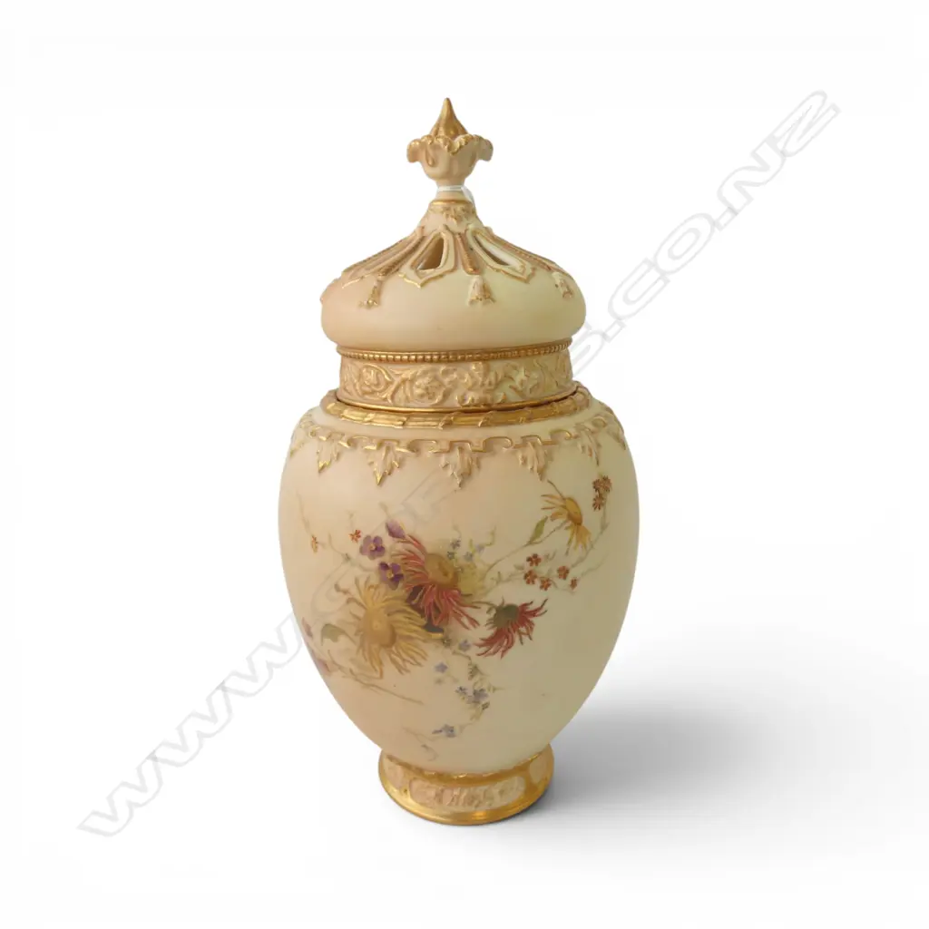 ROYAL WORCESTER LGE Blush Ivory POTPOURI VASE floral painted. Tall pierced lid. Finial a.f + internal lid. H.335mm. Image 1++