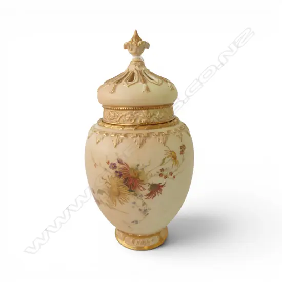 ROYAL WORCESTER LGE Blush Ivory POTPOURI VASE floral painted. Tall pierced lid. Finial a.f + internal lid. H.335mm.
