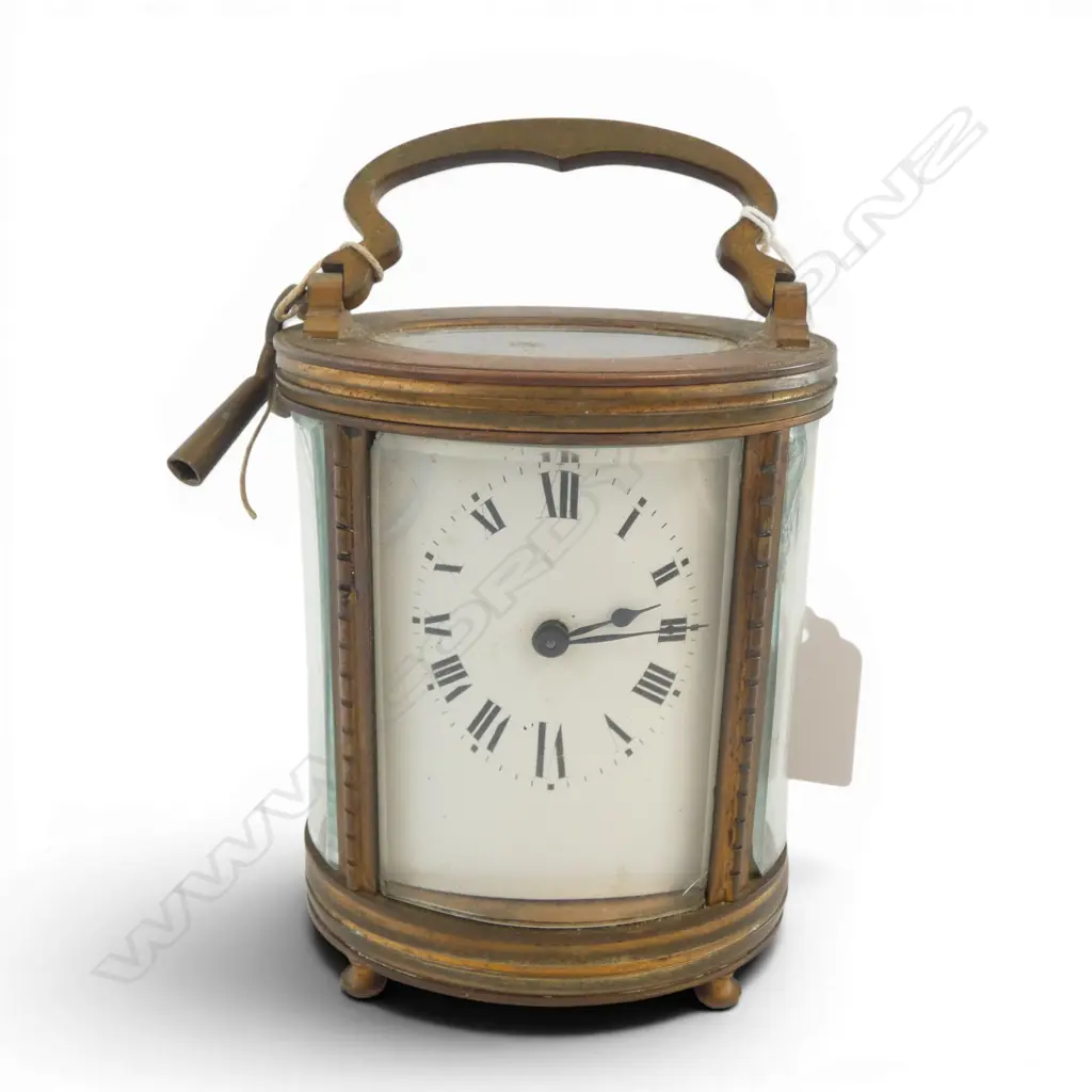 ANTIQUE OVOID SHAPED BRASS & GLASS TRAVEL CLOCK & KEY H120MM Image 1++