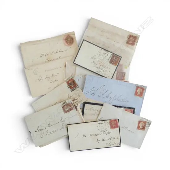 20 ANTIQUE 1840-1870s ENVELOPES & CONTENTS, England, Scotland & Ireland, mostly 1d reds some wax seals