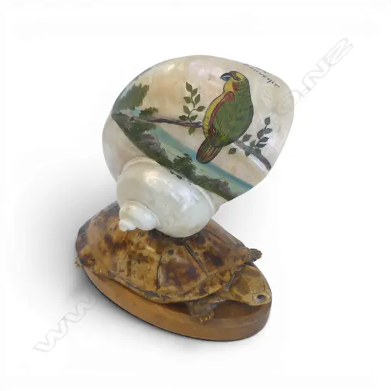 SOUVENIR TAXIDERMY TURTLE & MOP SHELL TABLE LAMP w. hand-painted parrot coastal scene H.210mm
