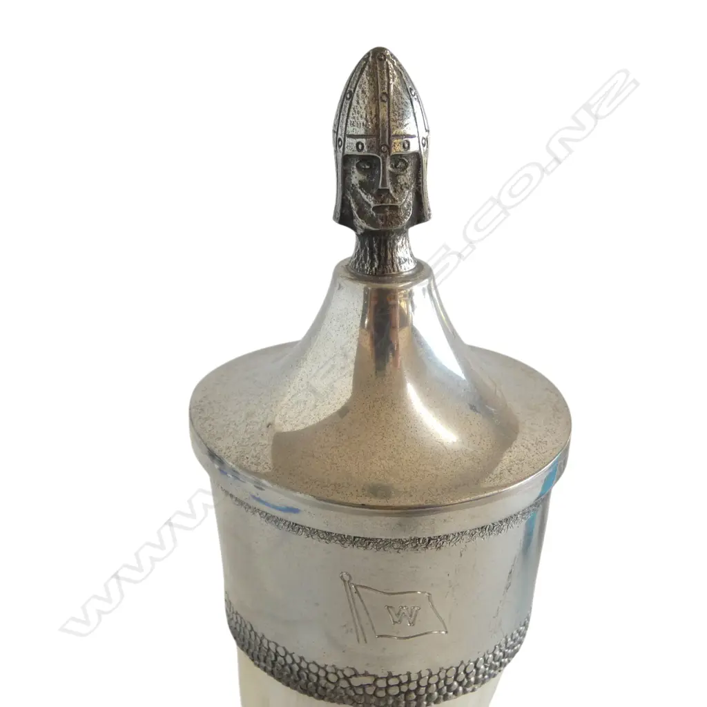 NORWEGIAN VIKING DRINKING HORN WITH HAND MADE PEWTER FITTINGS & VIKING HEAD LID WILHELMSON SHIPPING CO FLAG H250MM Image 1++