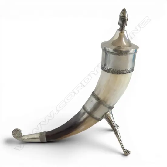 NORWEGIAN VIKING DRINKING HORN WITH HAND MADE PEWTER FITTINGS & VIKING HEAD LID WILHELMSON SHIPPING CO FLAG H250MM