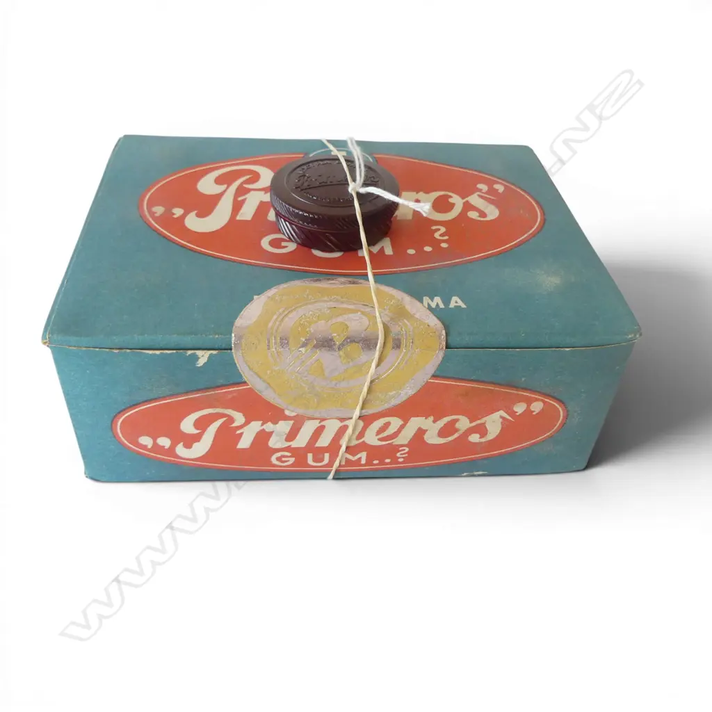 RARE UNOPENED BOX OF 'PRIMEROS GUM..?' CONDOMS c. 1940. The box containing 48 circular screw lid Bakelite containers each with 3 condoms Image 1++