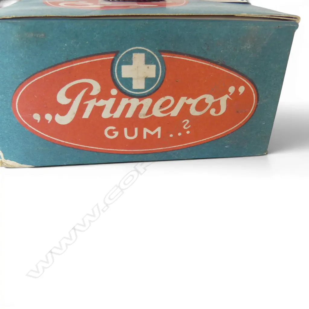 RARE UNOPENED BOX OF 'PRIMEROS GUM..?' CONDOMS c. 1940. The box containing 48 circular screw lid Bakelite containers each with 3 condoms Image 1++