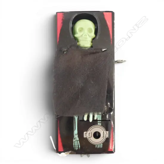 1950’S TINPLATE MECHANICAL COFFIN MONEY BANK WORKING, L.162MM