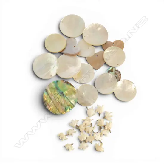 X18 TINY BONE ELEPHANTS, X2 PAUA & X15 MOTHER OF PEARL DISKS/HEARTS