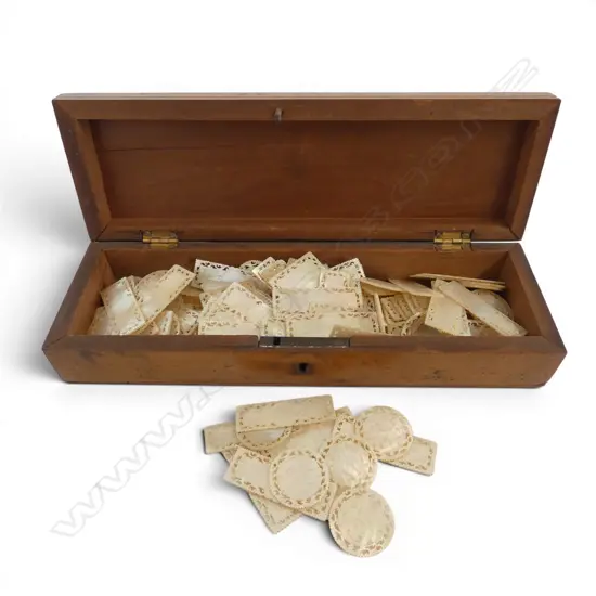 A GOOD COLLECTION OF CHINESE MOP GAMING TOKENS IN WOODEN BOX