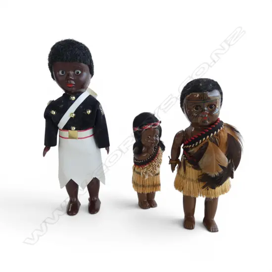 2 VINTAGE SML MAORI DOLLS & FIJIAN POLICEMAN DOLL, H.90-159mm 