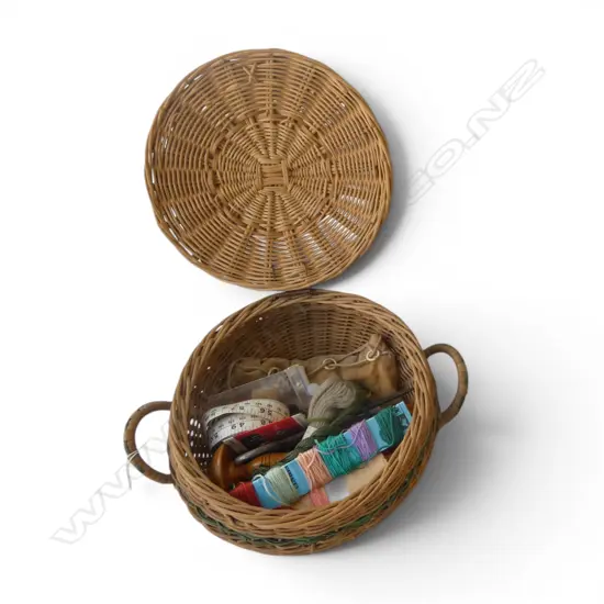 SMALL WOVEN CANE BASKET w. ASST. SEWING / CRAFT 
