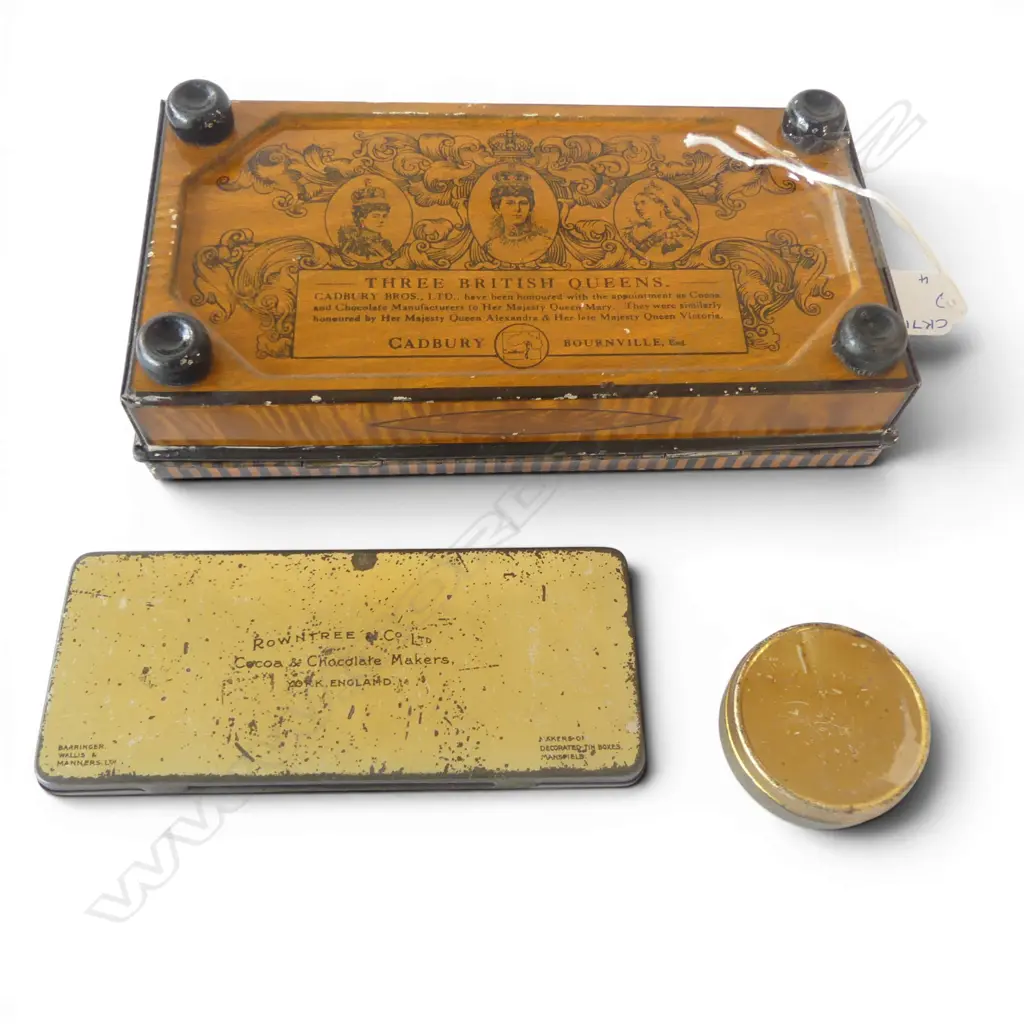 3 ANTIQUE TINS QUEEN MARY CADBURY BOURNVILLE, ROWNTREE COCOA ETC  Image 1++