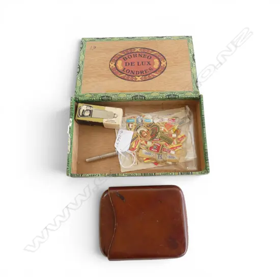 VINTAGE LONDRES CIGAR BOX & CONTENTS; STG SILVER CIGAR SPIKE, c1900 LEATHER CIG.CASE, CIGAR CUTTER, BANDS