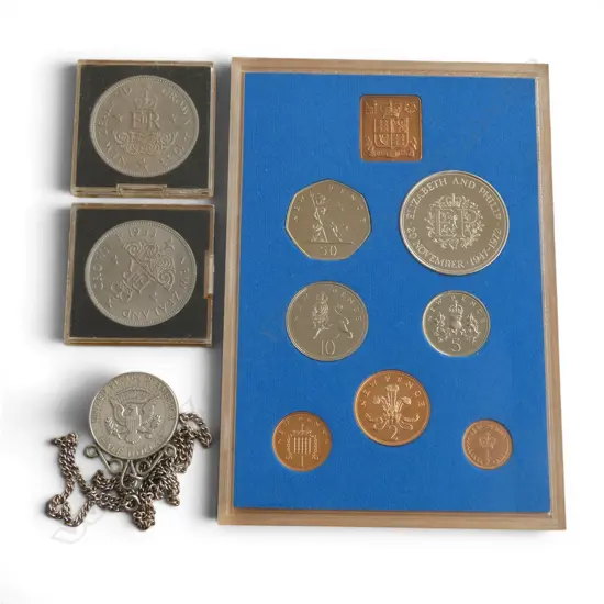 ASST. COINS 1972 UK PROOF SET + 2 X 1953 NZ CROWNS + 1964 USA $1 mounted on chain