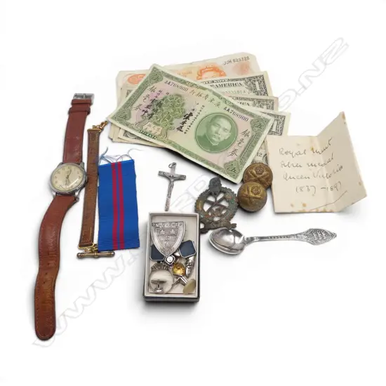 ASST BANKNOTES: 4 X $1 USA + 'THE KWANGTUNG PROVINCIAL BANK' $5 + Queen VICT.Comm. COIN 1987 + JEWELLERY + WATCH + MILIT