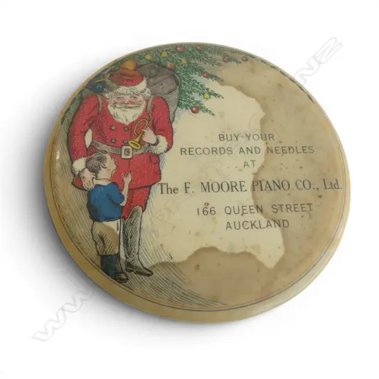 1920’S F. MOORE PIANO CO AUCKLAND GRAMAPHONE RECORD DUSTER SANTA, D.86MM