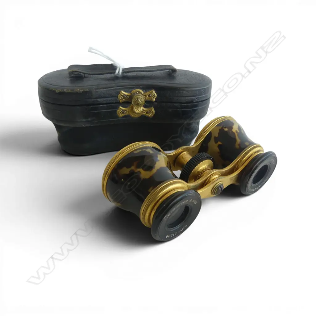 PR ANTIQUE TURTLE SHELL BINOCULARS in leather case  Image 1++