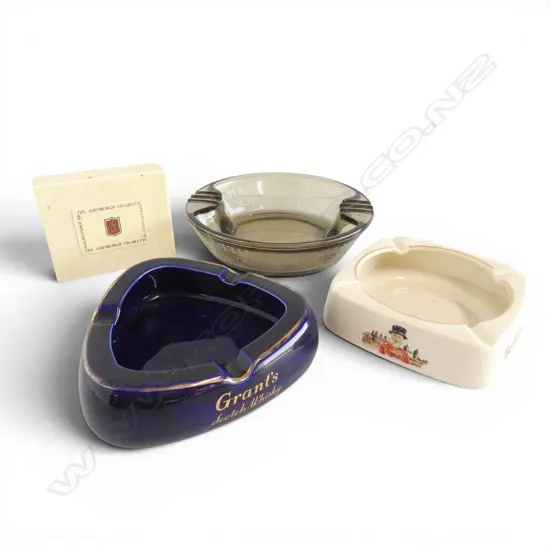 3 ADVERTISING ASHTRAYS + VINTAGE EDINBURGH CIG. BOX