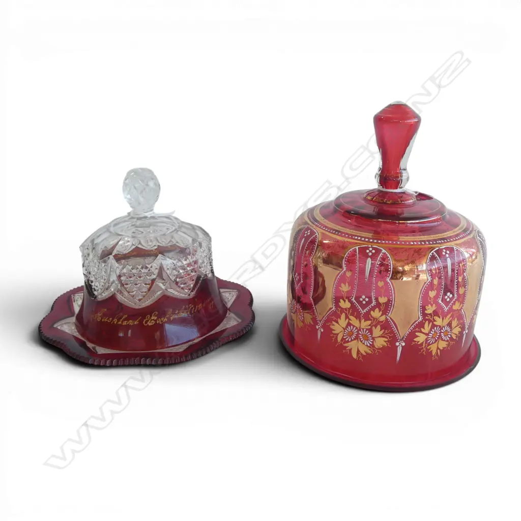 VICTORIAN CRANBERRY GLASS LIDDED CHEESE DISH DIA 170MM & EDWARDIAN RUBY GLASS  LIDDED CHEESE DISH DIA 180MM Image 1++