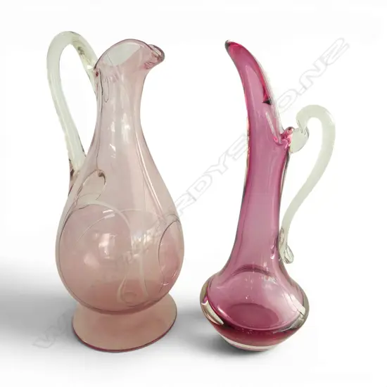 2 MID CENTURY CRANBERRY GLASS JUGS H290MM