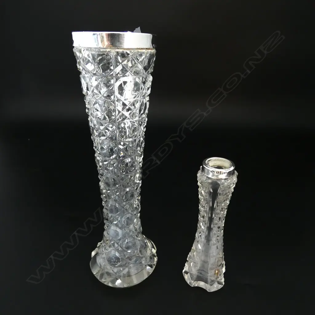 TWO STG SILVER & CUT CRYSTAL VASES BIRM 1902 & 1908, H.200MM H.120MM Image 1++