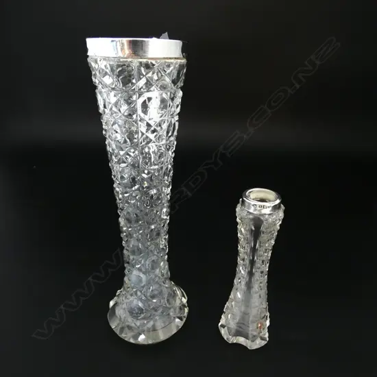 TWO STG SILVER & CUT CRYSTAL VASES BIRM 1902 & 1908, H.200MM H.120MM