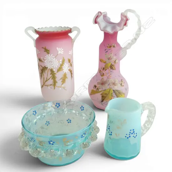 PINK VICT GLASS VASE & JUG H230MM & BLUE GLASS JUG & BOWL DIA135MM