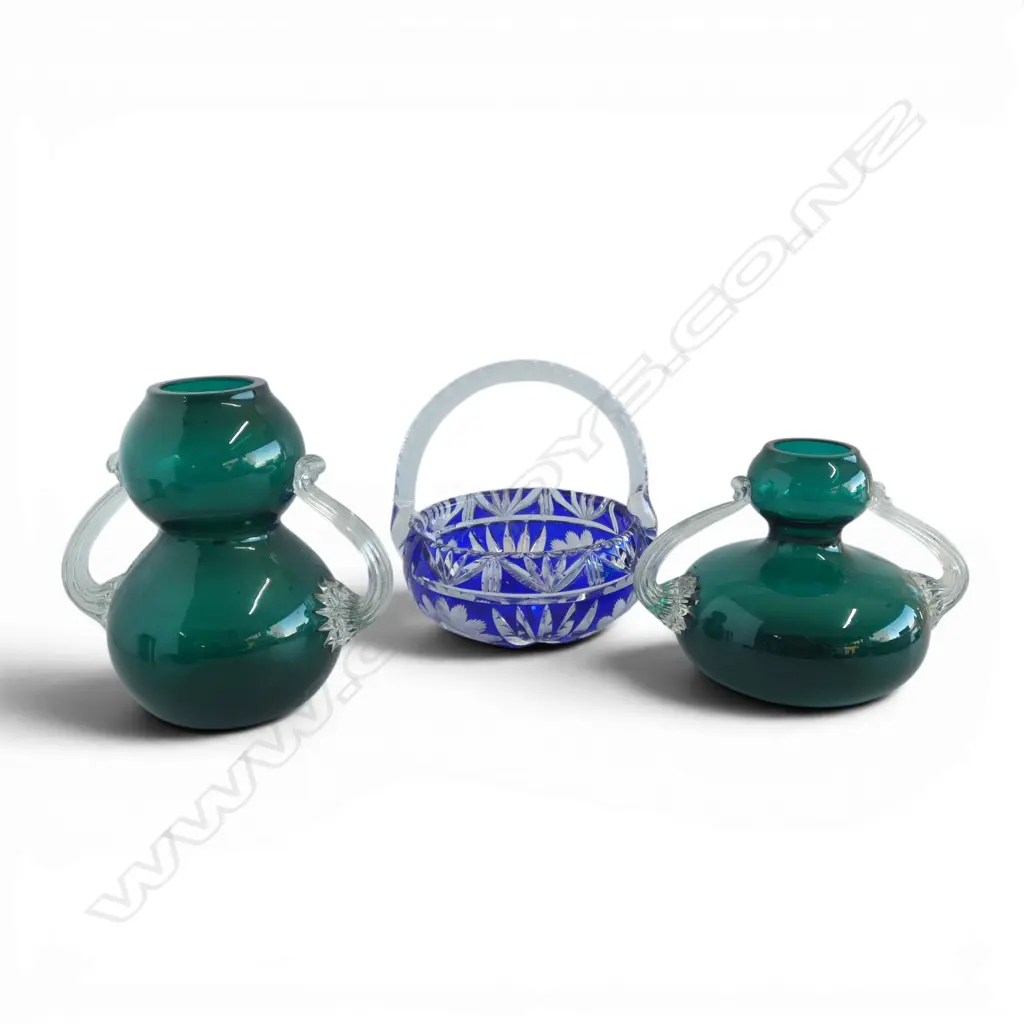 PR GREEN GLASS VASES H.155mm + BLUE FLASH GLASS BASKET Image 1++