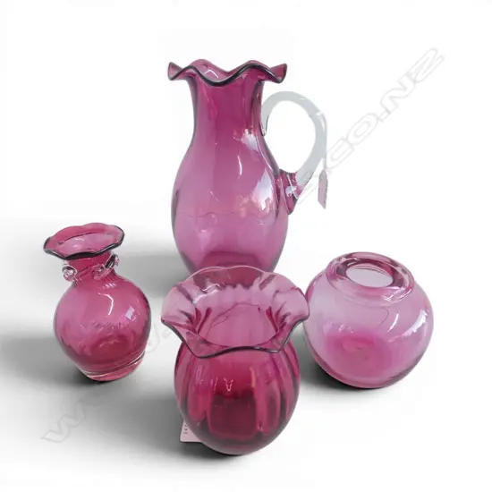 4PCS CRANBERRY GLASS 3 VASES H100MM & TALL JUG H220MM
