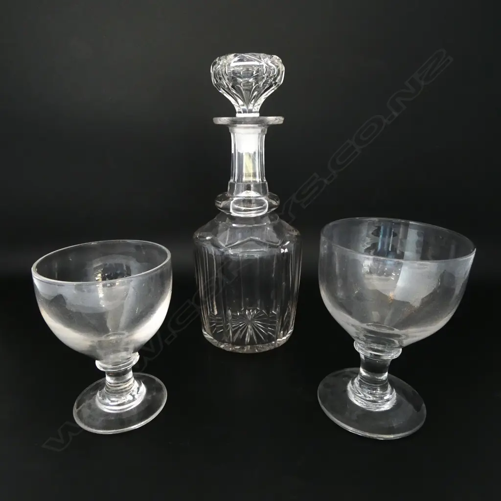 ANTIQUE CRYSTAL DECANTER H.280mm + 2 GLASSES Image 1++