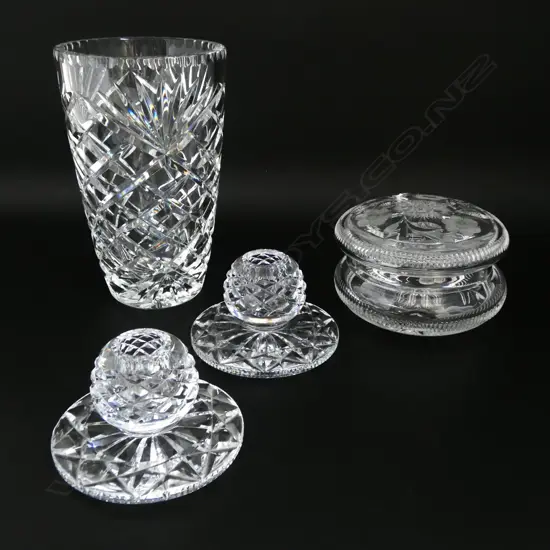 HEAVY CUT CRYSTAL VASE H200MM LIDDED BOWL DIA 130 & PR CRYSTAL CANDLESTICKS H70MM