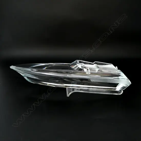 HEAVY DAUM GLASS SPEED BOAT ON PERSPEX STAND  L390MM CHIP TO BOW 