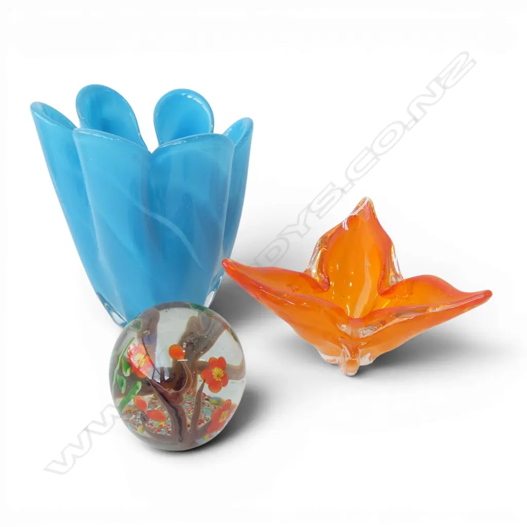 2 ART GLASS VASES; BLUE H.210mm & ORANGE + PAPERWEIGHT Image 1++