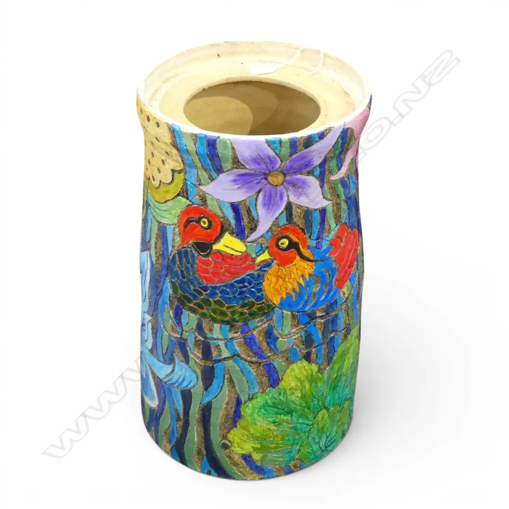 KEUM SUN LEE FLOOR STANDING VASE w COLOURFUL TROPICAL  DESIGN, H.530mm Dia.300mm Image 1++