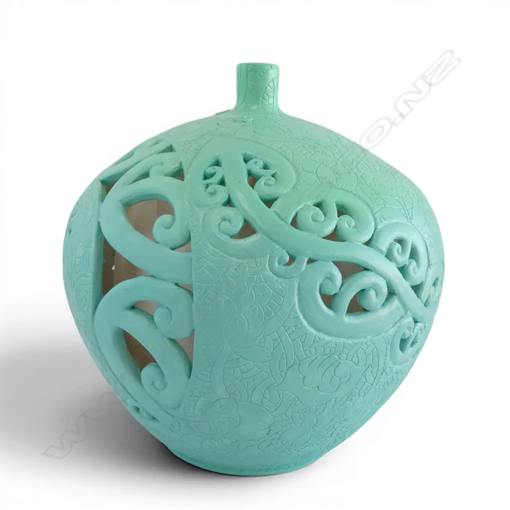 KEUM SUN LEE PORCELAIN VASE w  PIERCED KORU DESIGN, H.260mm, chip to side needs repair Image 1++
