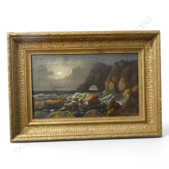 19TH CENTURY ARTIST UNKNOWN, MOONLIGHT - HOLE IN THE ROCK, OIL ON CANVAS, UNSIGNED, 195 X 330MM