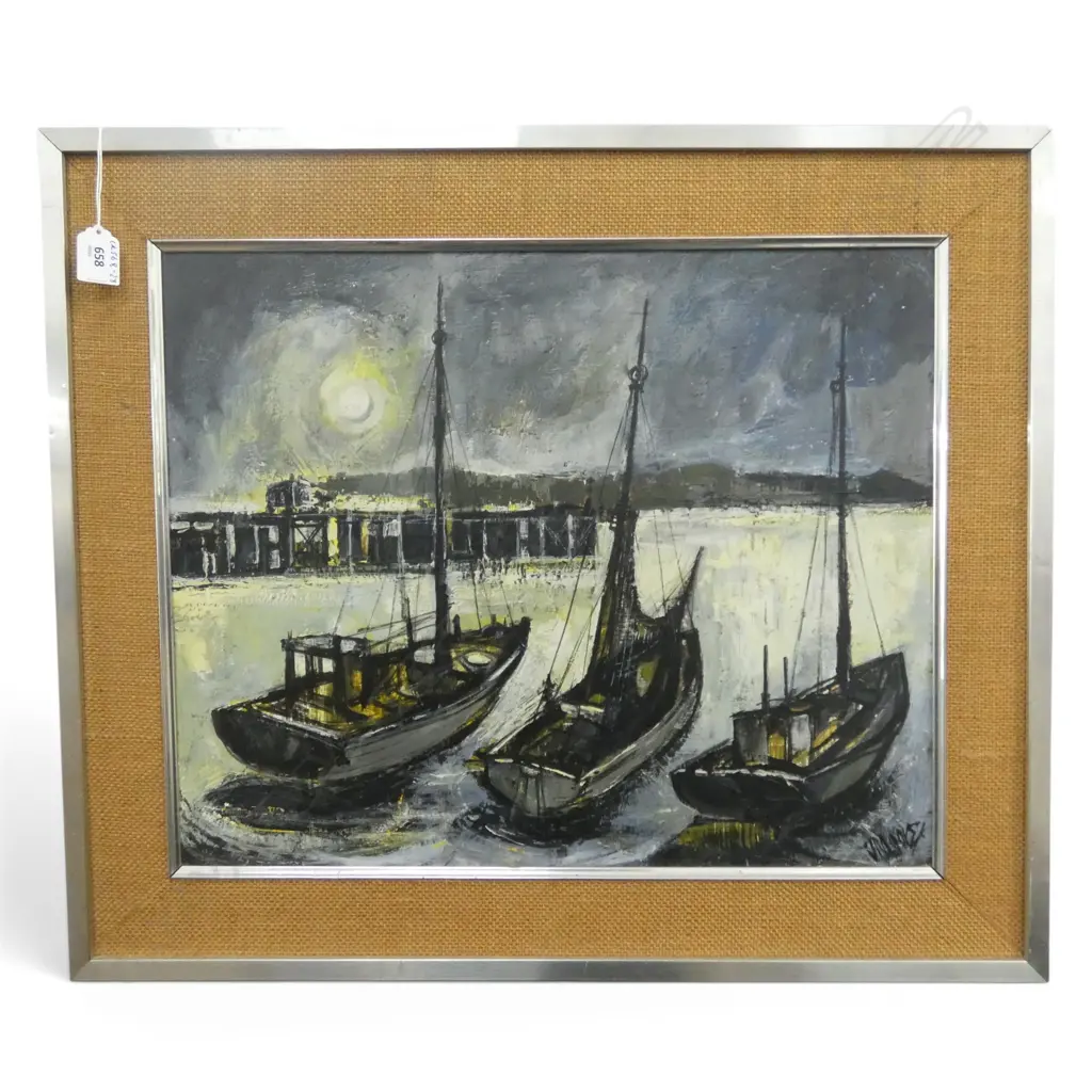 J. MOORE, BOATS IN MOONLIGHT, OIL ON MASONITE, SIGNED, 415 X 510mm Image 1++