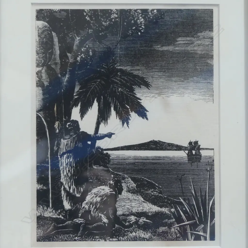 ARTIST UNKNOWN, ARRIVAL OF EUROPEANS AND MAORI FIGURES, WOOD ENGRAVING, 200 X 155MM Image 1++