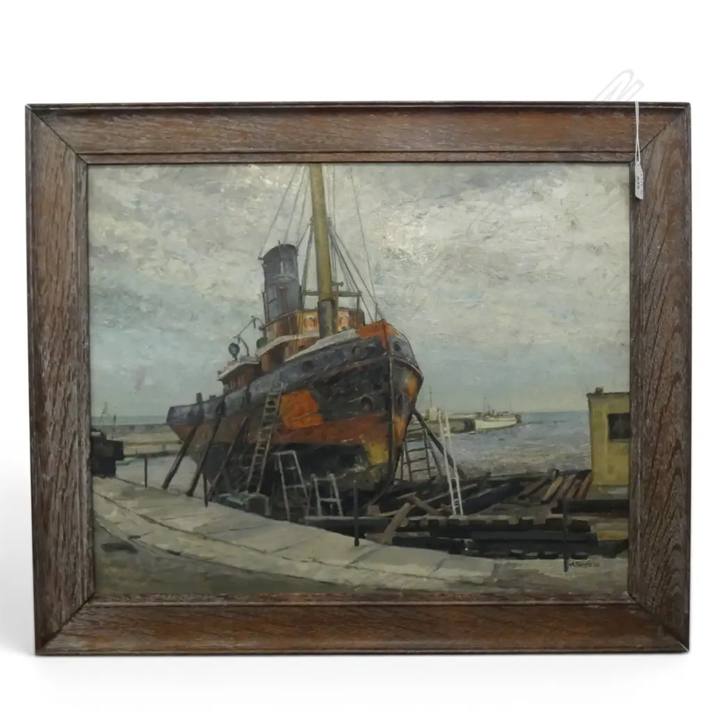 A. TEAGLE, BOAT AT DOCK, OIL ON MASONITE, SIGNED AND DATED '62, 450 X 555mm Image 1++