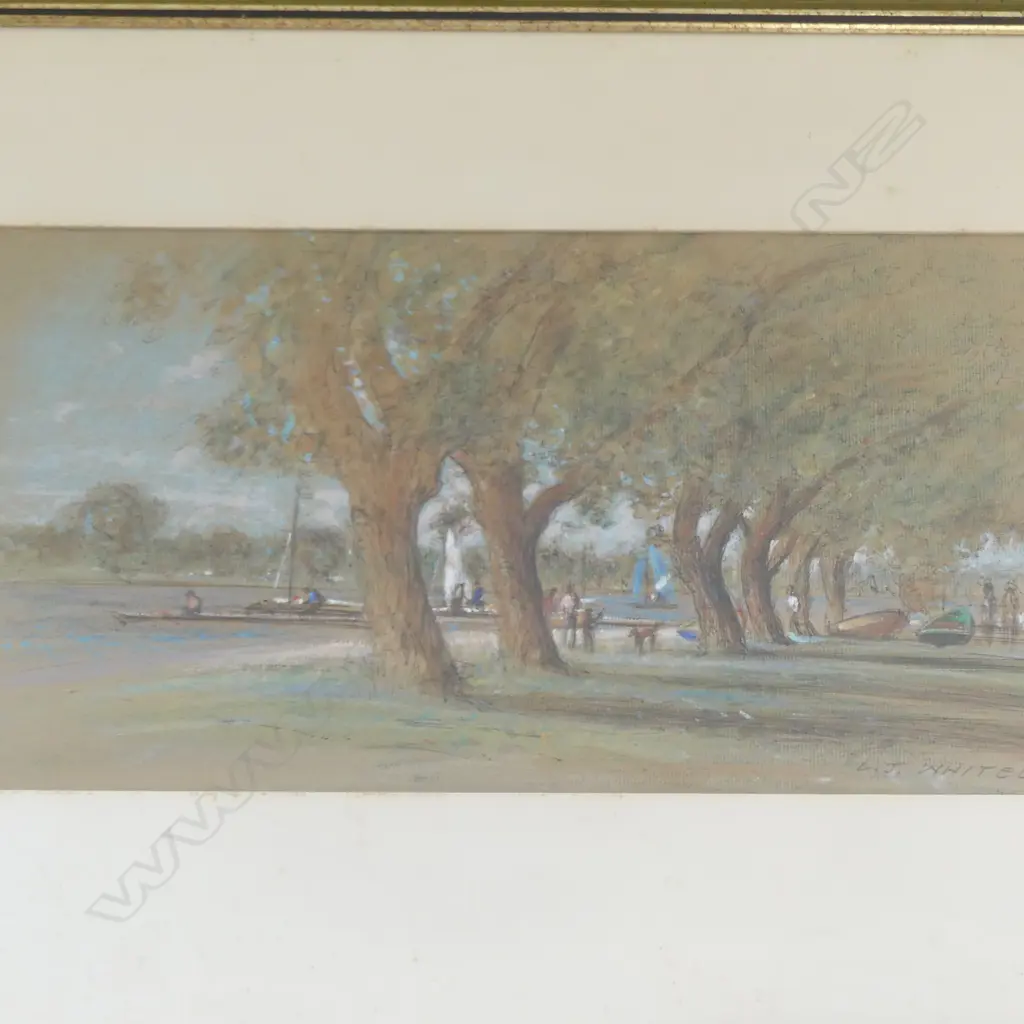 MONOGRAMMED MW. 'RIVER SCENE AND CHURCH' W/C, 320 X 500MM AND L.J WHITELEY, 'ALBERT PARK' PASTEL, 220 X 430MM Image 1++