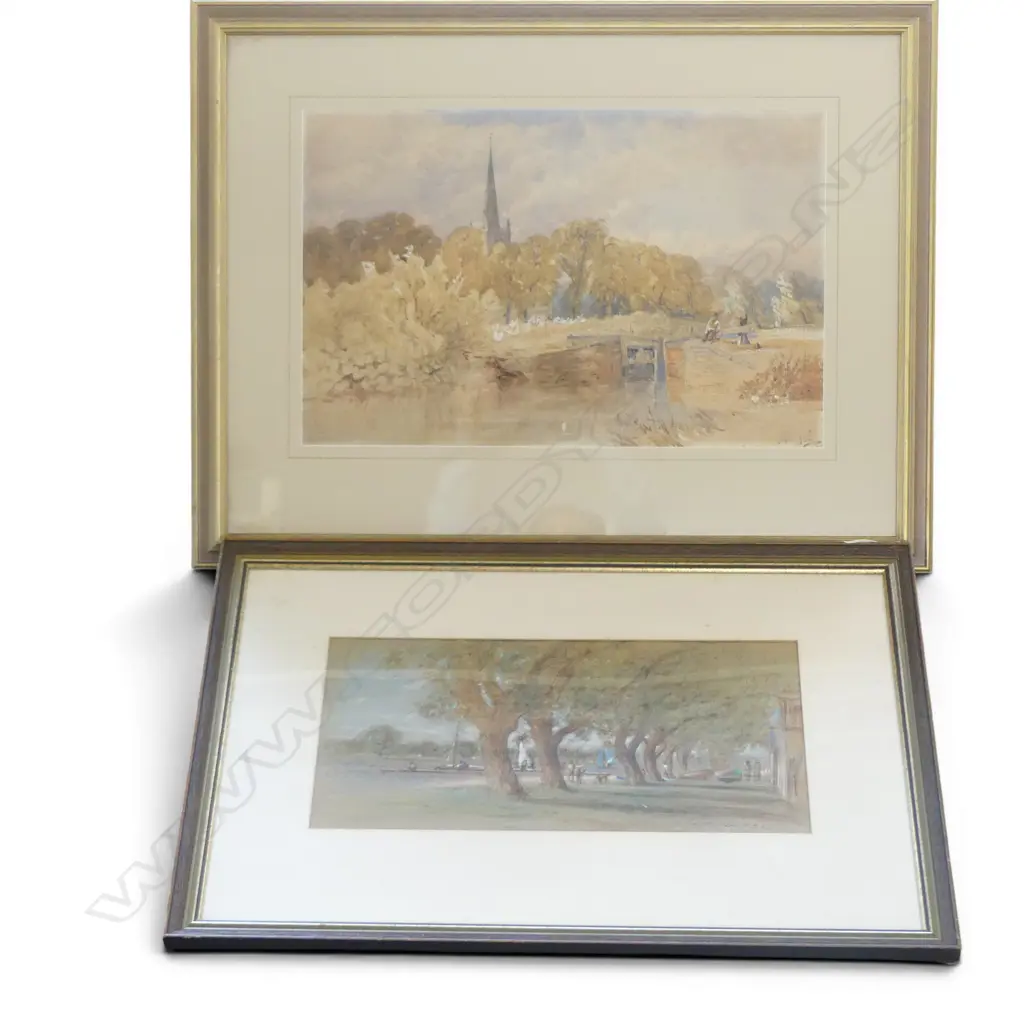 MONOGRAMMED MW. 'RIVER SCENE AND CHURCH' W/C, 320 X 500MM AND L.J WHITELEY, 'ALBERT PARK' PASTEL, 220 X 430MM Image 1++