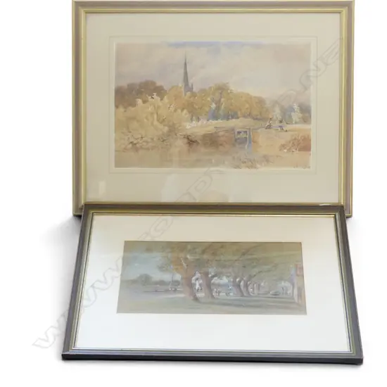 MONOGRAMMED MW. 'RIVER SCENE AND CHURCH' W/C, 320 X 500MM AND L.J WHITELEY, 'ALBERT PARK' PASTEL, 220 X 430MM