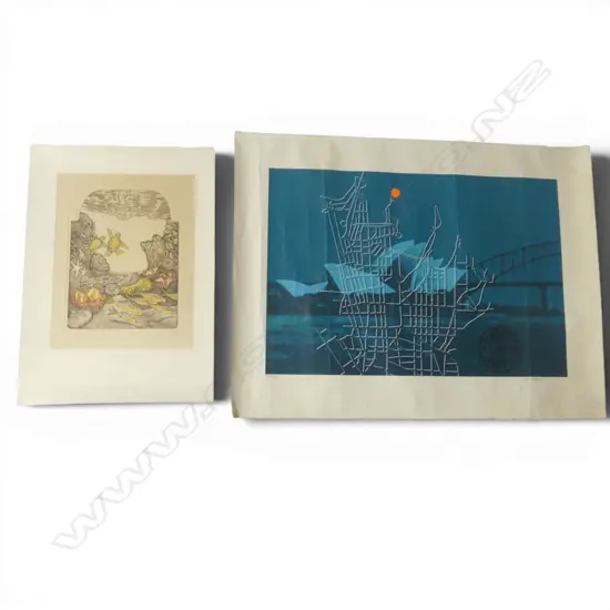 TWO PRINTS - RUSSELL JACKSON 'GREEN TURTLES' ETCHING & TED DUTCH - BENNELONG POINT SCREENPRINT