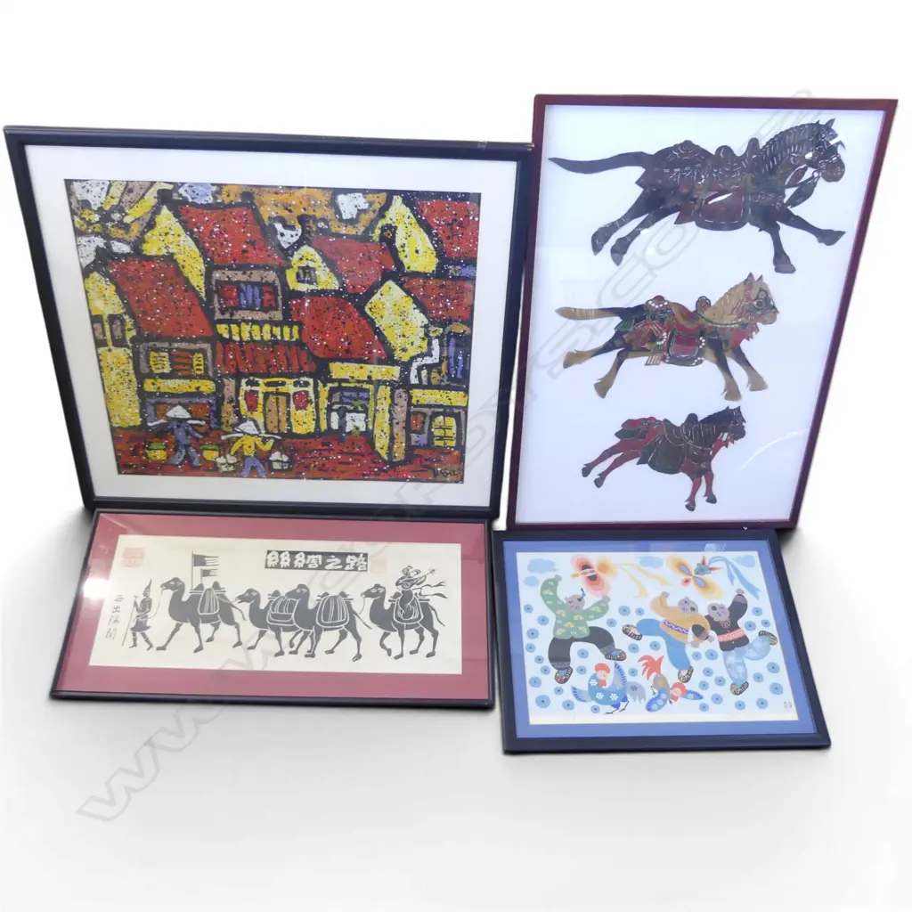 4 ORIENTAL ARTWORKS; VILLAGE SCENE 580x670mm, 3 HORSES, 4 CAMELS, 3 DANCING CHILDREN Image 1++
